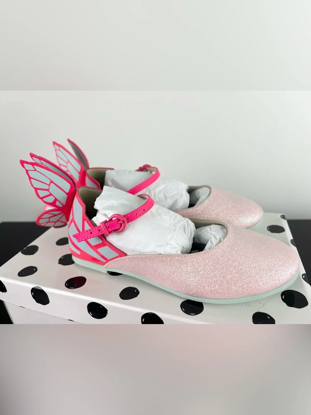 Sophie Webster Mini Chiara Pink Glitter Butterfly Mary Jane Flats, Pink, 33 EU